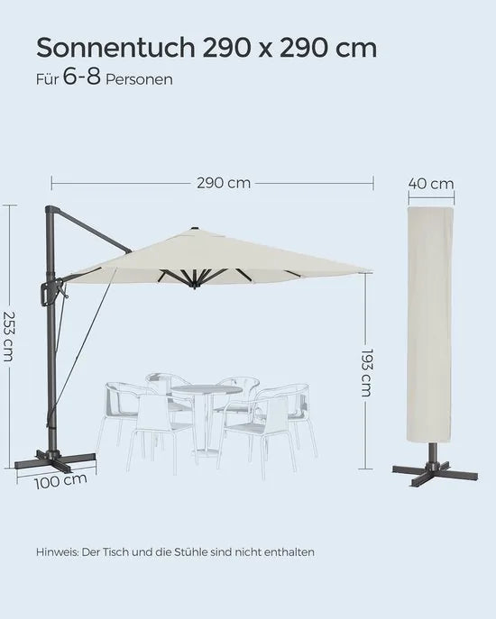 FurnStar zweefparasol 290 x 290 cm rookgrijs – UPF 50+, 360° draaibaar, met voet en hoes – Beige