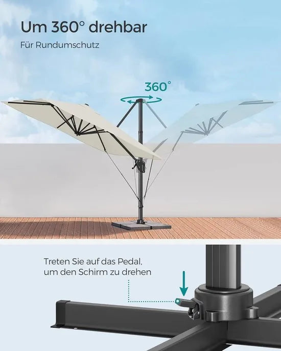 FurnStar - Parasol 290 x 290 cm - Zweefparasol - Tuinscherm - UV-bescherming UPF 50+ - 360° draaibaar - Hellingshoek verstelbaar - Met standaard, bevestigingsriemen en afdekking - Beige