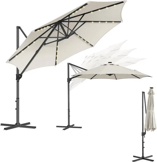 FurnStar - Parasol 300 cm - Zweefparasol - 28 LED-lampen op zonne-energie - UV-bescherming UPF 50+ - 360° draaibaar - Traploos kantelbaar - Met zwengel, kruisvoet - Grijs – Creme wit