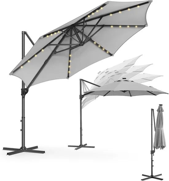 FurnStar - Parasol 300 cm - Zweefparasol - 28 LED-lampen op zonne-energie - UV-bescherming UPF 50+ - 360° draaibaar - Traploos kantelbaar - Met zwengel, kruisvoet - Grijs – Duifgrijs