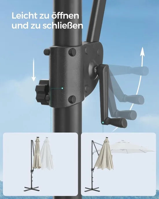FurnStar - Parasol 300 cm - Zweefparasol - 28 LED-lampen op zonne-energie - UV-bescherming UPF 50+ - 360° draaibaar - Traploos kantelbaar - Met zwengel, kruisvoet - Grijs – Creme wit