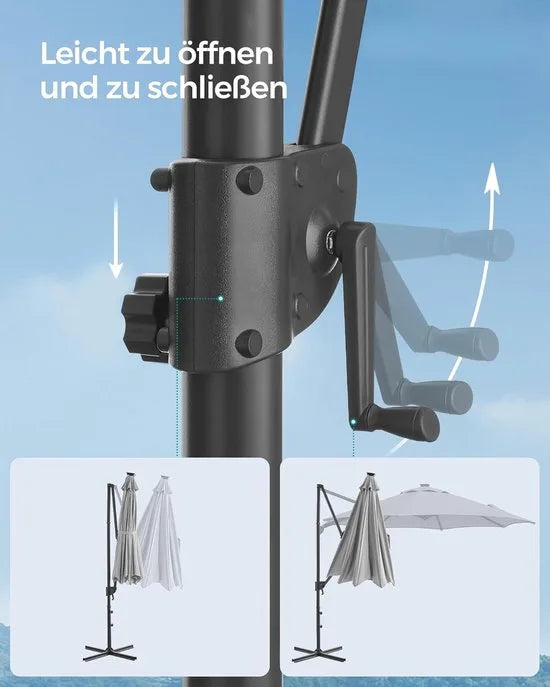 FurnStar - Parasol 300 cm - Zweefparasol - 28 LED-lampen op zonne-energie - UV-bescherming UPF 50+ - 360° draaibaar - Traploos kantelbaar - Met zwengel, kruisvoet - Grijs – Duifgrijs