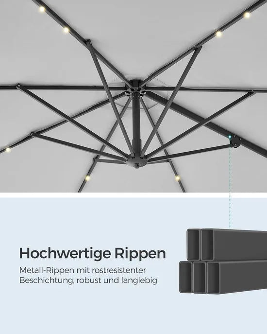 FurnStar - Parasol 300 cm - Zweefparasol - 28 LED-lampen op zonne-energie - UV-bescherming UPF 50+ - 360° draaibaar - Traploos kantelbaar - Met zwengel, kruisvoet - Grijs – Duifgrijs