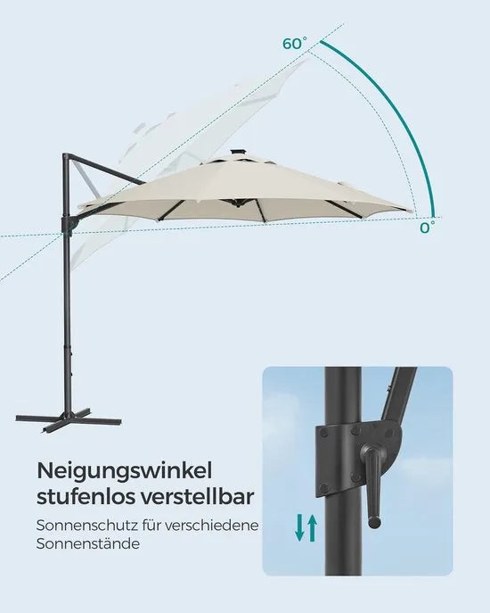 FurnStar - Parasol 300 cm - Zweefparasol - 28 LED-lampen op zonne-energie - UV-bescherming UPF 50+ - 360° draaibaar - Traploos kantelbaar - Met zwengel, kruisvoet - Grijs – Creme wit