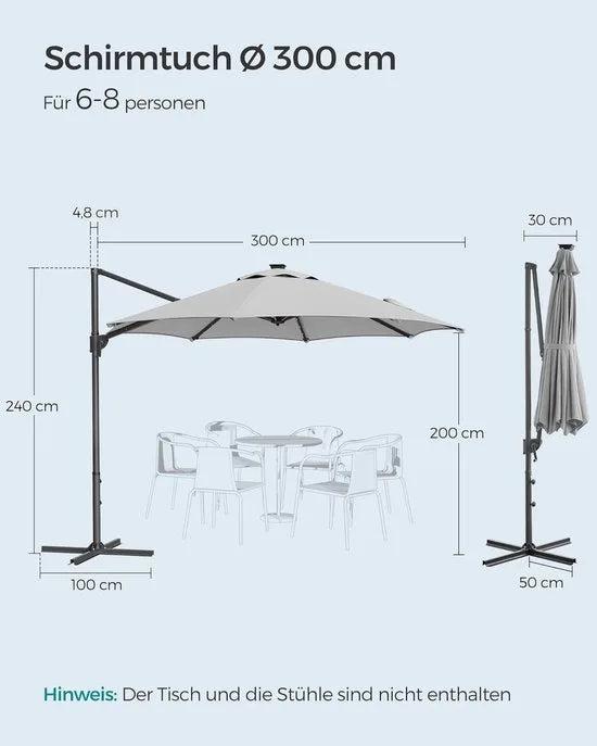 FurnStar - Parasol 300 cm - Zweefparasol - 28 LED-lampen op zonne-energie - UV-bescherming UPF 50+ - 360° draaibaar - Traploos kantelbaar - Met zwengel, kruisvoet - Grijs – Duifgrijs
