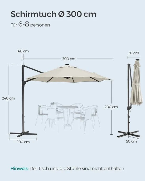 FurnStar - Parasol 300 cm - Zweefparasol - 28 LED-lampen op zonne-energie - UV-bescherming UPF 50+ - 360° draaibaar - Traploos kantelbaar - Met zwengel, kruisvoet - Grijs – Creme wit