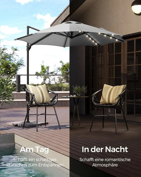 FurnStar - Parasol 300 cm - Zweefparasol - 28 LED-lampen op zonne-energie - UV-bescherming UPF 50+ - 360° draaibaar - Traploos kantelbaar - Met zwengel, kruisvoet - Grijs – Duifgrijs