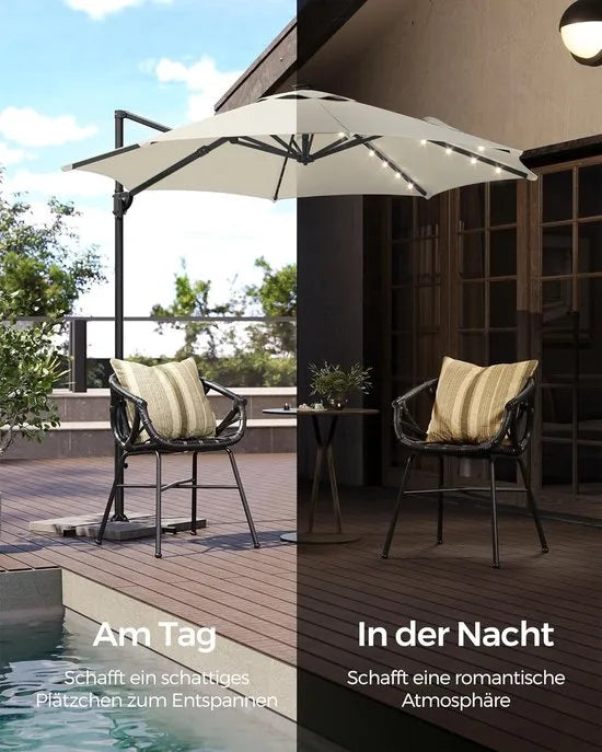 FurnStar - Parasol 300 cm - Zweefparasol - 28 LED-lampen op zonne-energie - UV-bescherming UPF 50+ - 360° draaibaar - Traploos kantelbaar - Met zwengel, kruisvoet - Grijs – Creme wit