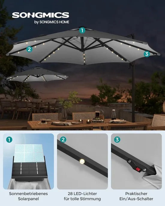 FurnStar - Parasol 300 cm - Zweefparasol - 28 LED-lampen op zonne-energie - UV-bescherming UPF 50+ - 360° draaibaar - Traploos kantelbaar - Met zwengel, kruisvoet - Grijs – Duifgrijs