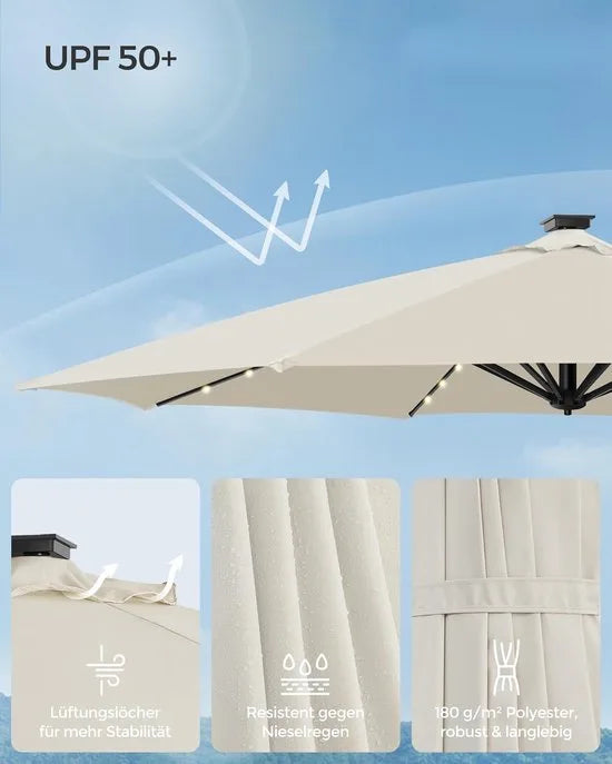 FurnStar - Parasol 300 cm - Zweefparasol - 28 LED-lampen op zonne-energie - UV-bescherming UPF 50+ - 360° draaibaar - Traploos kantelbaar - Met zwengel, kruisvoet - Grijs – Creme wit