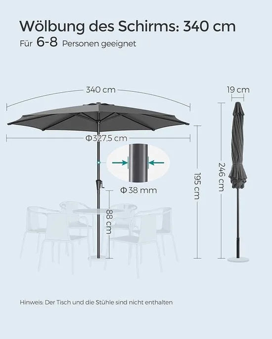 Furnstar - Parasol 340 cm - UPF 50+ zonwering - Strandscherm - Knikbaar aan beide zijden - Met zwengel om te openen/sluiten - Zonder standaard - Voor terras, balkon en zwembad - Beige – Grijs Parasol 340 cm Grijs