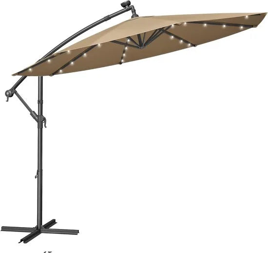 FurnStar - Parasol met LED-verlichting op zonne-energie - Zweefparasol - 300 cm - 32 LED-lampen - Met standaard - Zonwering UPF 50+ - Met zwengel - Grijs – Taupe