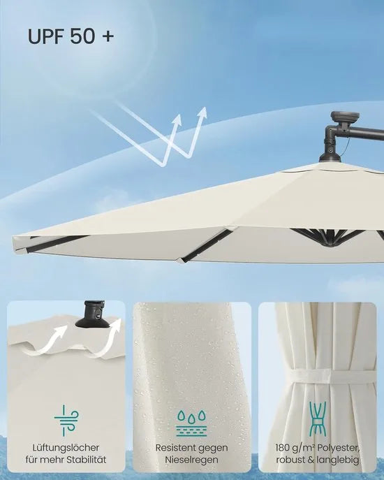 FurnStar - Parasol met LED-verlichting op zonne-energie - Zweefparasol - 300 cm - 32 LED-lampen - Met standaard - Zonwering UPF 50+ - Met zwengel - Grijs – Beige