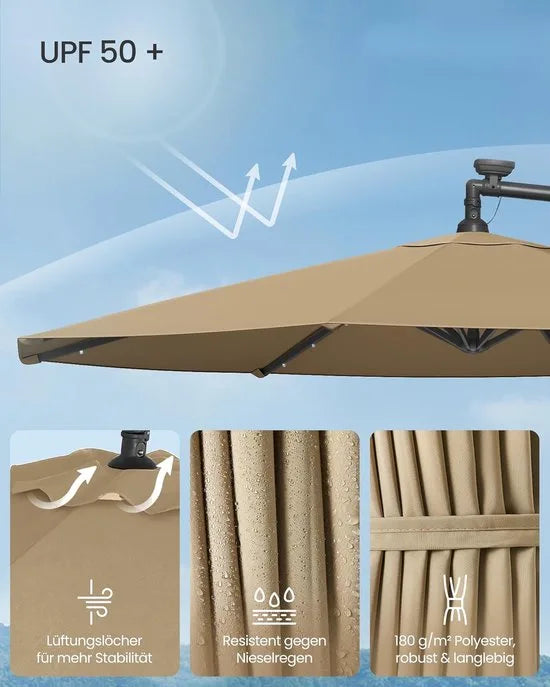 FurnStar - Parasol met LED-verlichting op zonne-energie - Zweefparasol - 300 cm - 32 LED-lampen - Met standaard - Zonwering UPF 50+ - Met zwengel - Grijs – Taupe