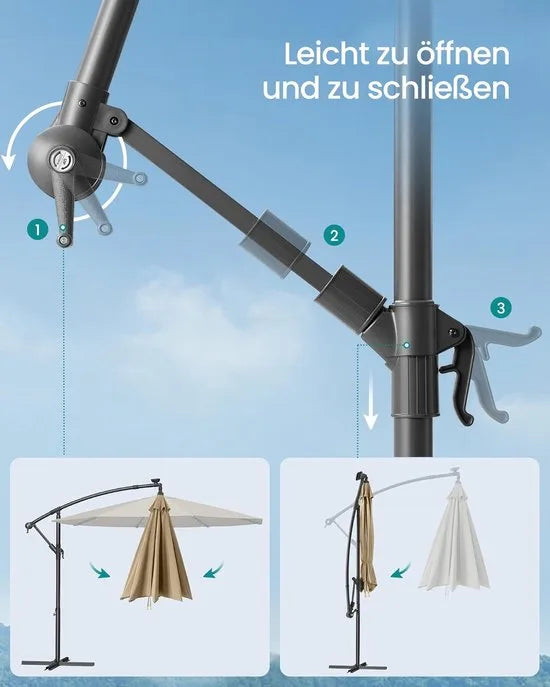 FurnStar - Parasol met LED-verlichting op zonne-energie - Zweefparasol - 300 cm - 32 LED-lampen - Met standaard - Zonwering UPF 50+ - Met zwengel - Grijs – Taupe
