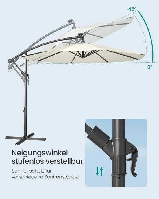 FurnStar - Parasol met LED-verlichting op zonne-energie - Zweefparasol - 300 cm - 32 LED-lampen - Met standaard - Zonwering UPF 50+ - Met zwengel - Grijs – Beige