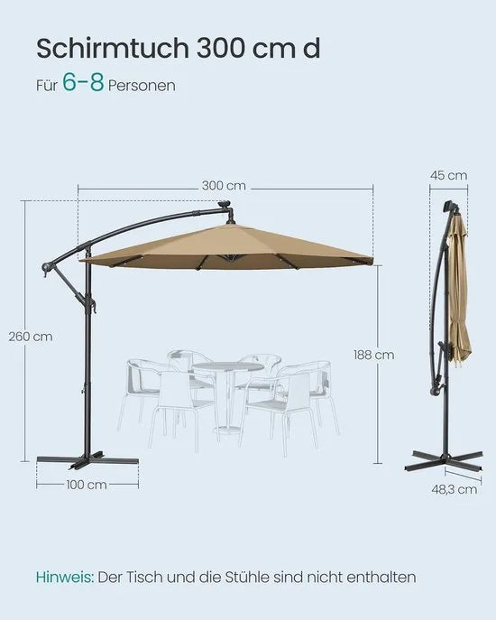 FurnStar - Parasol met LED-verlichting op zonne-energie - Zweefparasol - 300 cm - 32 LED-lampen - Met standaard - Zonwering UPF 50+ - Met zwengel - Grijs – Taupe