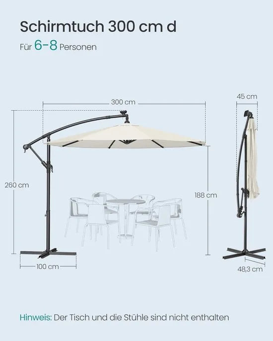 FurnStar - Parasol met LED-verlichting op zonne-energie - Zweefparasol - 300 cm - 32 LED-lampen - Met standaard - Zonwering UPF 50+ - Met zwengel - Grijs – Beige