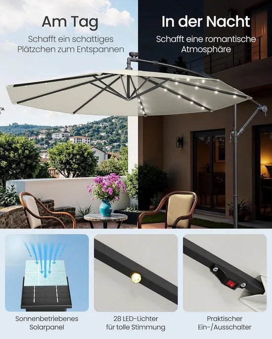 FurnStar - Parasol met LED-verlichting op zonne-energie - Zweefparasol - 300 cm - 32 LED-lampen - Met standaard - Zonwering UPF 50+ - Met zwengel - Grijs – Beige