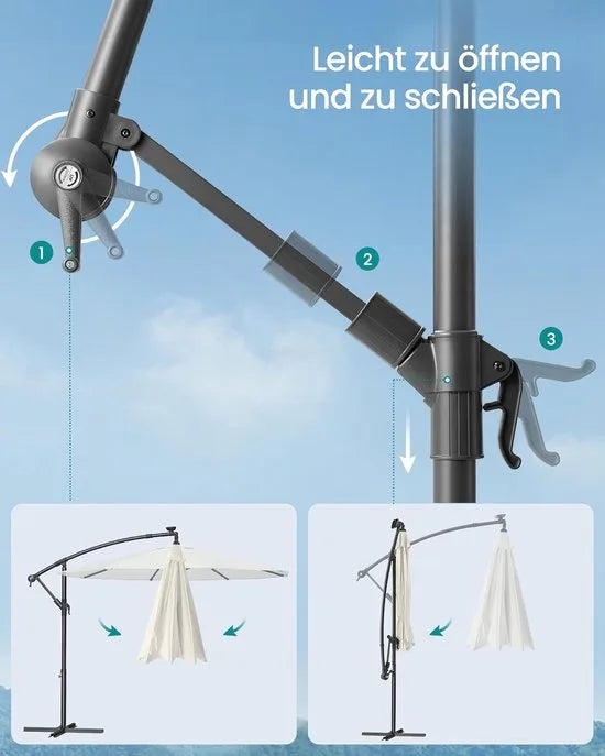 FurnStar - Parasol met LED-verlichting op zonne-energie - Zweefparasol - 300 cm - 32 LED-lampen - Met standaard - Zonwering UPF 50+ - Met zwengel - Grijs – Beige