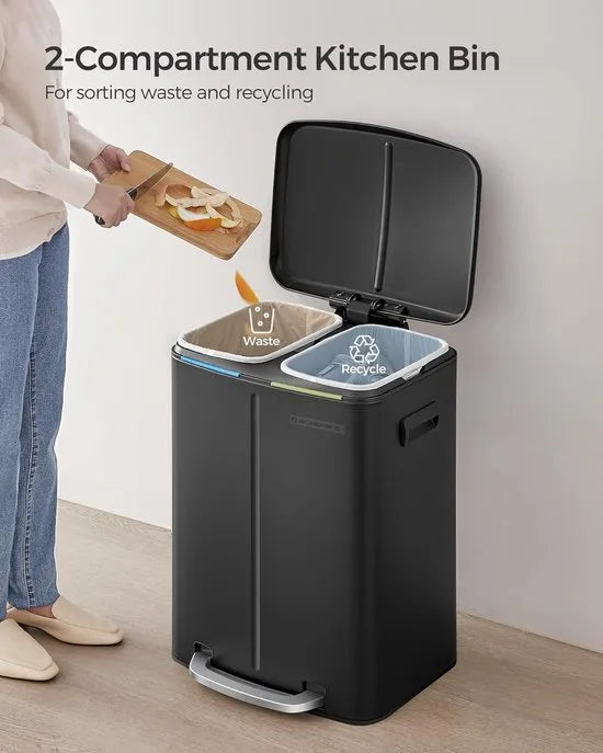 FurnStar - Pedaalemmer - 2 x 20L Keuken Vuilnisbak - Metalen opstapbak met twee compartimenten - Met plastic binnen emmers - Zacht sluitende deksels en handgrepen - Geurafdichting - Zwart