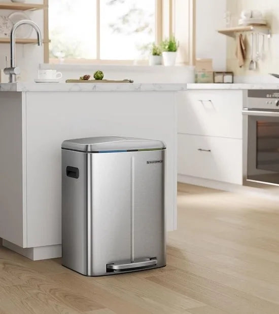 FurnStar - Pedaalemmer - 2 x 20L Keuken vuilnisbak - Metalen opstapbak met twee compartimenten - Met plastic binnenemmers - Zacht sluitende deksels en handgrepen - Geurafdichting -Zilver