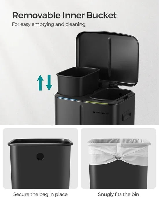 FurnStar - Pedaalemmer - 2 x 20L Keuken Vuilnisbak - Metalen opstapbak met twee compartimenten - Met plastic binnen emmers - Zacht sluitende deksels en handgrepen - Geurafdichting - Zwart