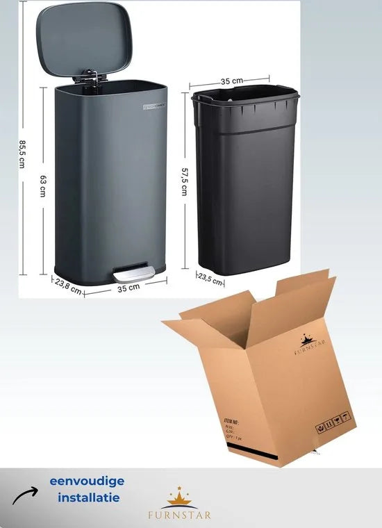 FurnStar - Pedaalemmer - Badkamerbak met deksel - toiletbak - 3L cosmeticabak - kleine afvalbak - soft close - uitneembare plastic binnenemmer - voor slaapkamer - kantoor - staal - zwart – Grijs