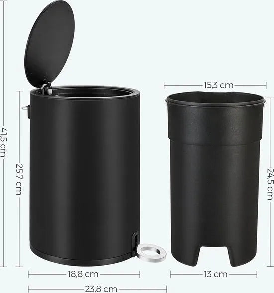 FurnStar - Pedaalemmer - Badkamerbak met deksel - toiletbak - 3L cosmeticabak - kleine afvalbak - soft close - uitneembare plastic binnenemmer - voor slaapkamer - kantoor - staal - zwart