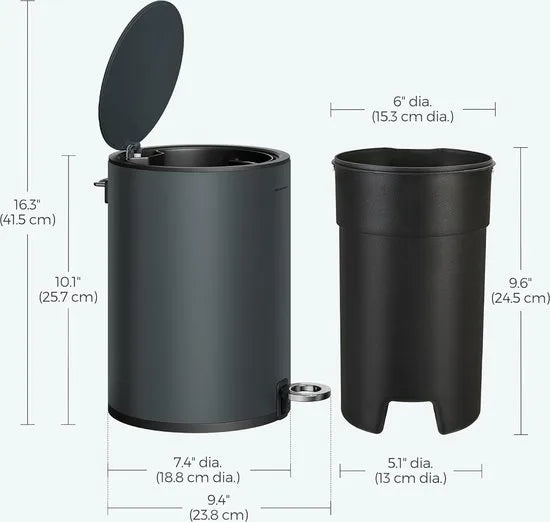 FurnStar - Pedaalemmer - Badkamerbak met deksel - toiletbak - 3L cosmeticabak - kleine afvalbak - soft close - uitneembare plastic binnenemmer - voor slaapkamer - kantoor - staal - zwart – Grijs