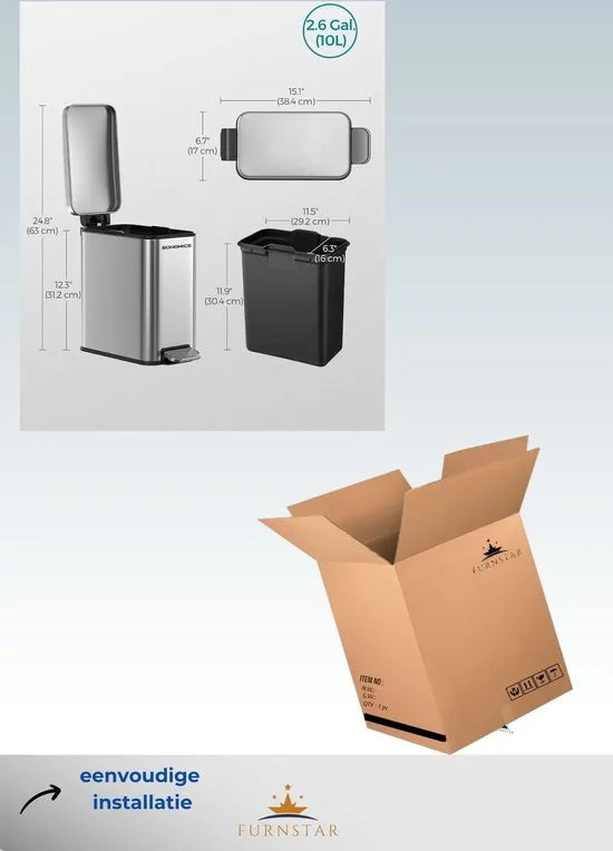 FurnStar - Pedaalemmer - Badkameremmer - kleine afvalbak van 5 liter met deksel - pedaalemmer - slank voor kleine ruimtes - staal - soft close - zilver – Zilver Kleine Afvalbak van 10 Liter m (9176)