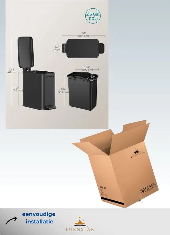 FurnStar - Pedaalemmer - Badkameremmer - kleine afvalbak van 5 liter met deksel - pedaalemmer - slank voor kleine ruimtes - staal - soft close - zilver – Zwart kleine afvalbak van 10 liter m (9183)