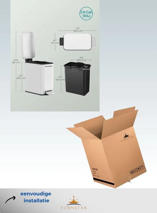 FurnStar - Pedaalemmer - Badkameremmer - kleine afvalbak van 5 liter met deksel - pedaalemmer - slank voor kleine ruimtes - staal - soft close - zilver – Wit kleine afvalbak van 10 liter m (9169)