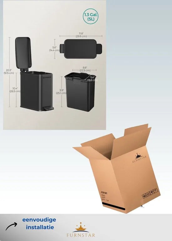 FurnStar - Pedaalemmer - Badkameremmer - kleine afvalbak van 5 liter met deksel - pedaalemmer - slank voor kleine ruimtes - staal - soft close - zilver – Zwart kleine afvalbak van 5 liter me (9152)