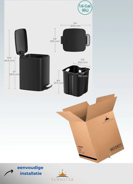 FurnStar - Pedaalemmer - Badkameremmer - Kleine afvalbak van 6 liter - Toiletemmer met pedaal voor kleine ruimtes - Soft-close deksel - Staal - Groen – Zwart Kleine afvalbak van 6 liter Zwart