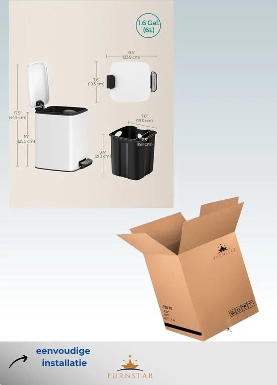FurnStar - Pedaalemmer - Badkameremmer - Kleine afvalbak van 6 liter - Toiletemmer met pedaal voor kleine ruimtes - Soft-close deksel - Staal - Groen – Wit Kleine afvalbak van 6 liter wit
