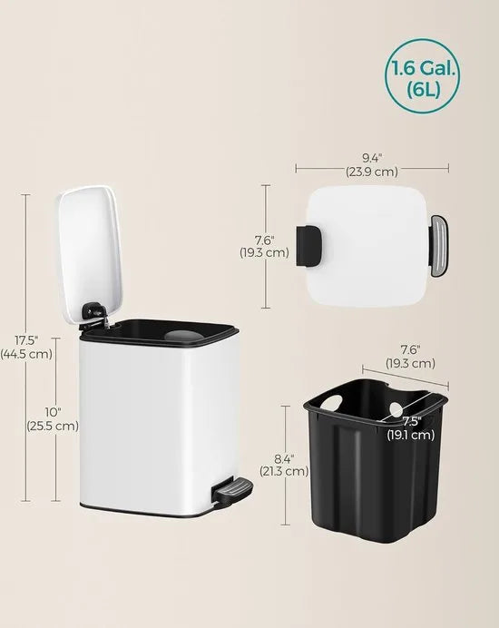 FurnStar - Pedaalemmer - Badkameremmer - Kleine afvalbak van 6 liter - Toiletemmer met pedaal voor kleine ruimtes - Soft-close deksel - Staal - Groen – Wit Kleine afvalbak van 6 liter wit