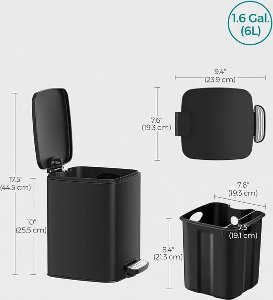 FurnStar - Pedaalemmer - Badkameremmer - Kleine afvalbak van 6 liter - Toiletemmer met pedaal voor kleine ruimtes - Soft-close deksel - Staal - Groen – Zwart Kleine afvalbak van 6 liter Zwart