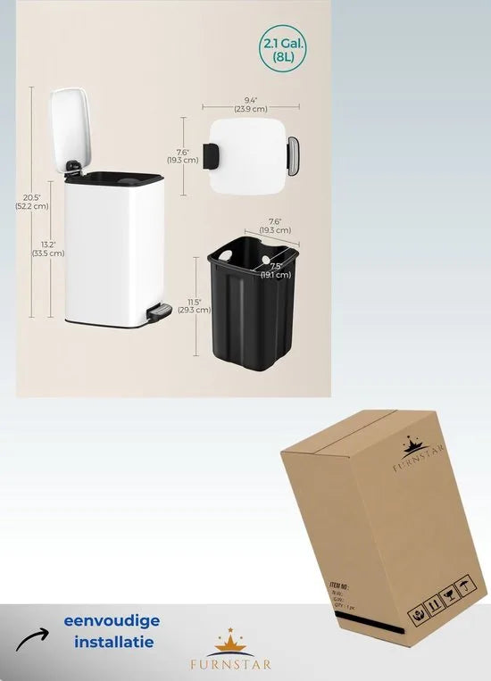FurnStar - Pedaalemmer - Badkameremmer - Kleine afvalbak van 6 liter - Toiletemmer met pedaal voor kleine ruimtes - Soft-close deksel - Staal - Groen – Wit Kleine afvalbak van 8 liter wit
