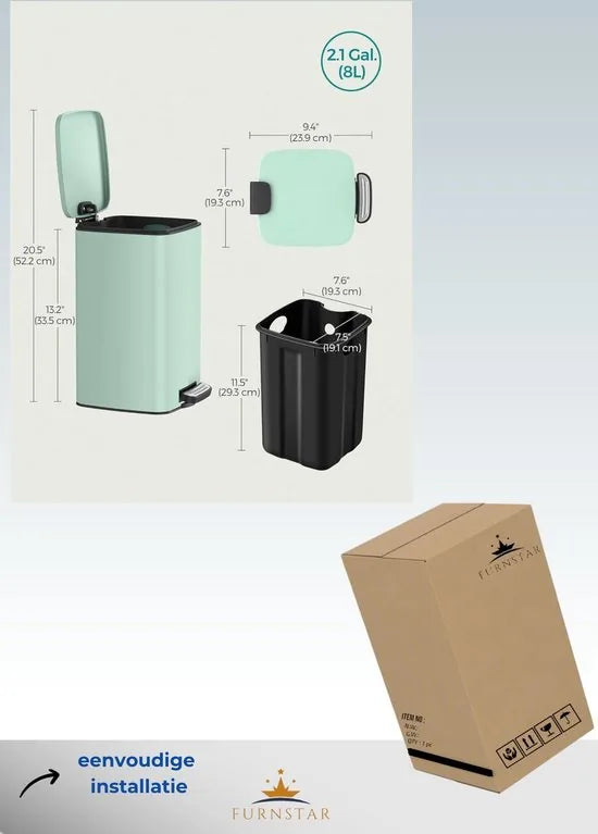 FurnStar - Pedaalemmer - Badkameremmer - Kleine afvalbak van 6 liter - Toiletemmer met pedaal voor kleine ruimtes - Soft-close deksel - Staal - Groen – Mint groen Kleine afvalbak van 8 liter groen