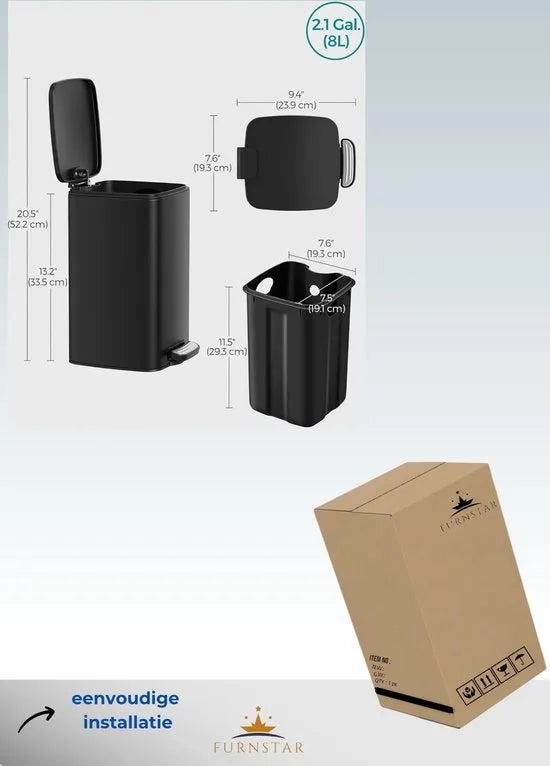 FurnStar - Pedaalemmer - Badkameremmer - Kleine afvalbak van 6 liter - Toiletemmer met pedaal voor kleine ruimtes - Soft-close deksel - Staal - Groen – Zwart Kleine afvalbak van 8 liter Zwart