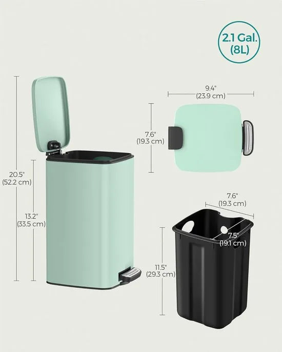 FurnStar - Pedaalemmer - Badkameremmer - Kleine afvalbak van 6 liter - Toiletemmer met pedaal voor kleine ruimtes - Soft-close deksel - Staal - Groen – Mint groen Kleine afvalbak van 8 liter groen
