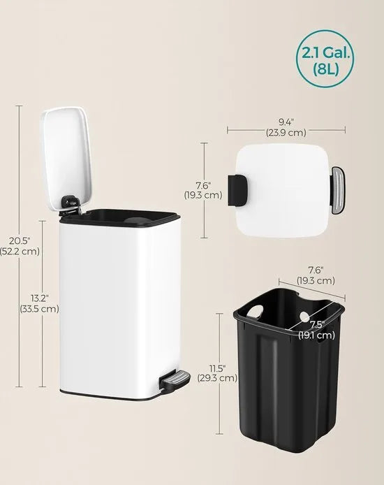 FurnStar - Pedaalemmer - Badkameremmer - Kleine afvalbak van 6 liter - Toiletemmer met pedaal voor kleine ruimtes - Soft-close deksel - Staal - Groen – Wit Kleine afvalbak van 8 liter wit