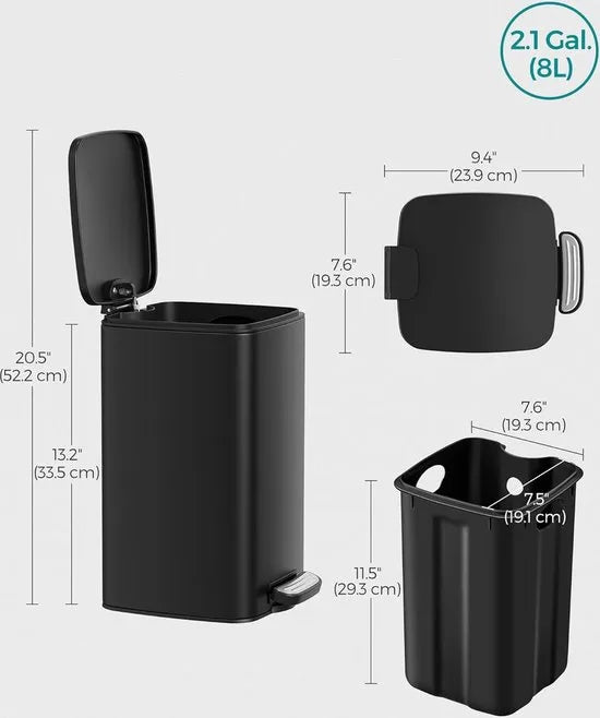 FurnStar - Pedaalemmer - Badkameremmer - Kleine afvalbak van 6 liter - Toiletemmer met pedaal voor kleine ruimtes - Soft-close deksel - Staal - Groen – Zwart Kleine afvalbak van 8 liter Zwart