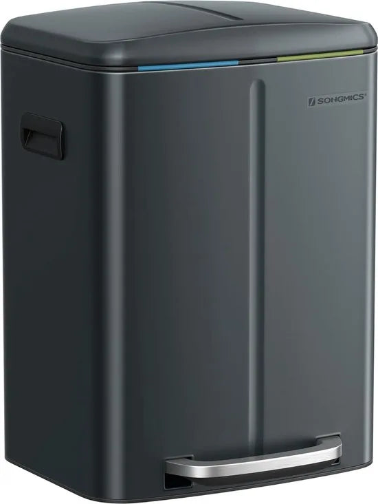 FurnStar - Pedaalemmer - 2 x 20L Keuken Vuilnisbak - Metalen opstapbak met twee compartimenten - Met plastic binnen emmers - Zacht sluitende deksels en handgrepen - Geurafdichting - Zwart – Groenachtig grijs