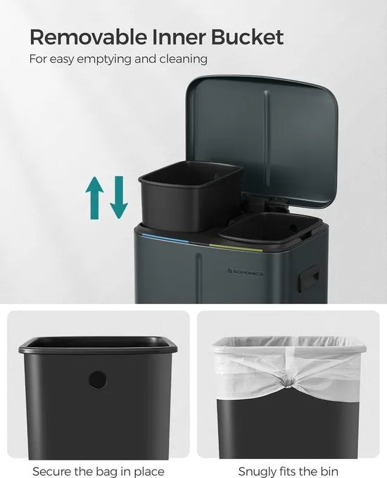 FurnStar - Pedaalemmer - 2 x 20L Keuken Vuilnisbak - Metalen opstapbak met twee compartimenten - Met plastic binnen emmers - Zacht sluitende deksels en handgrepen - Geurafdichting - Zwart – Groenachtig grijs