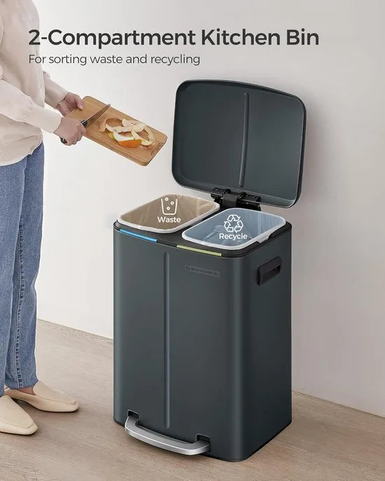 FurnStar - Pedaalemmer - 2 x 20L Keuken Vuilnisbak - Metalen opstapbak met twee compartimenten - Met plastic binnen emmers - Zacht sluitende deksels en handgrepen - Geurafdichting - Zwart – Groenachtig grijs