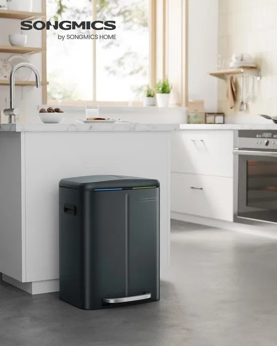 FurnStar - Pedaalemmer - 2 x 20L Keuken Vuilnisbak - Metalen opstapbak met twee compartimenten - Met plastic binnen emmers - Zacht sluitende deksels en handgrepen - Geurafdichting - Zwart – Groenachtig grijs