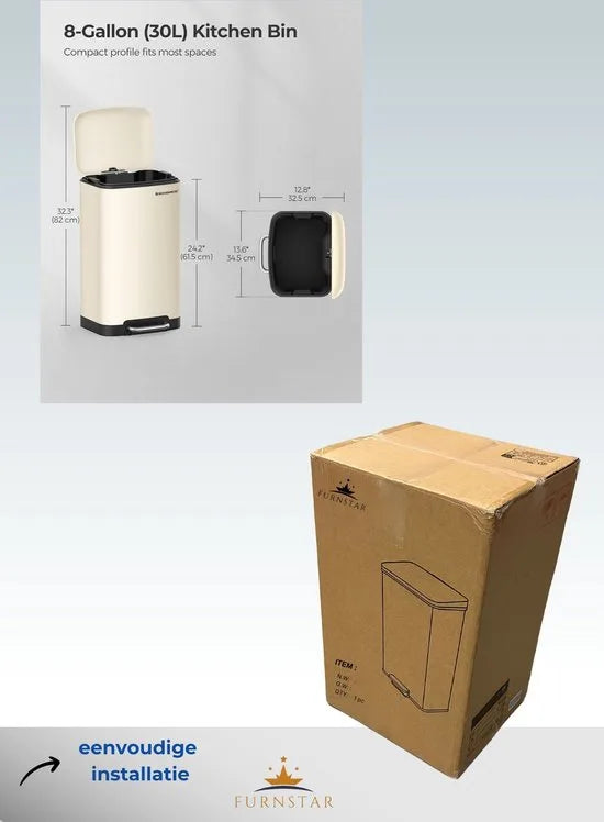 FurnStar - Pedaalemmer - Keuken Vuilnisbak van 30 liter (8 gallon) - Stalen pedaalemmer met deksel en binnenemmer - Soft Close - Groenachtig grijs – Wolk wit