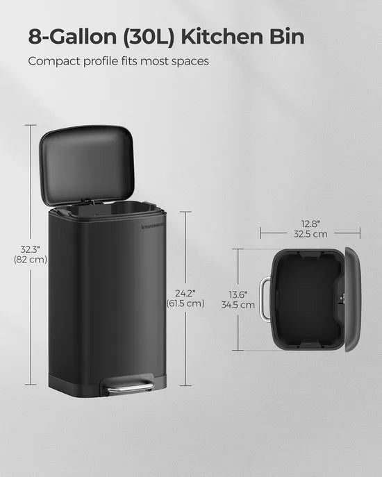 FurnStar - Pedaalemmer - Keukenbak - Vuilnisbak van 30 liter (8 gallon) - Stalen pedaalemmer met deksel en binnenemmer - Soft Close - Zwart